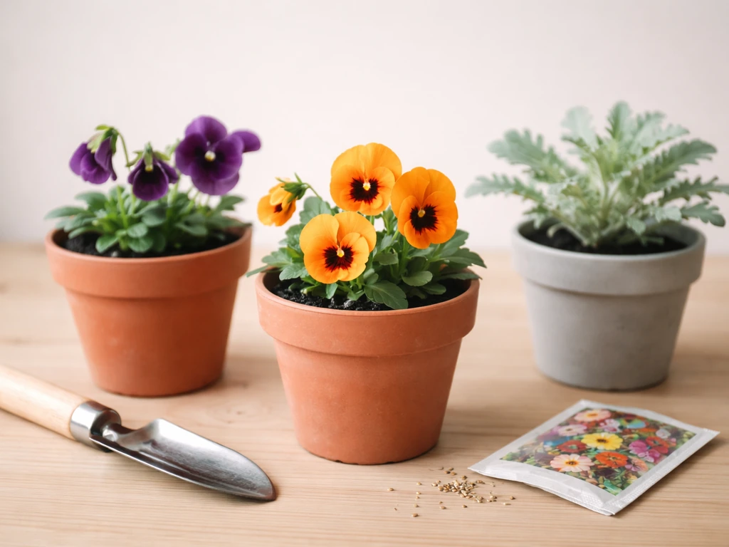 Minimal tabletop scene with three small potted flowers and gardening tools, suggesting troubleshooting for pansies.