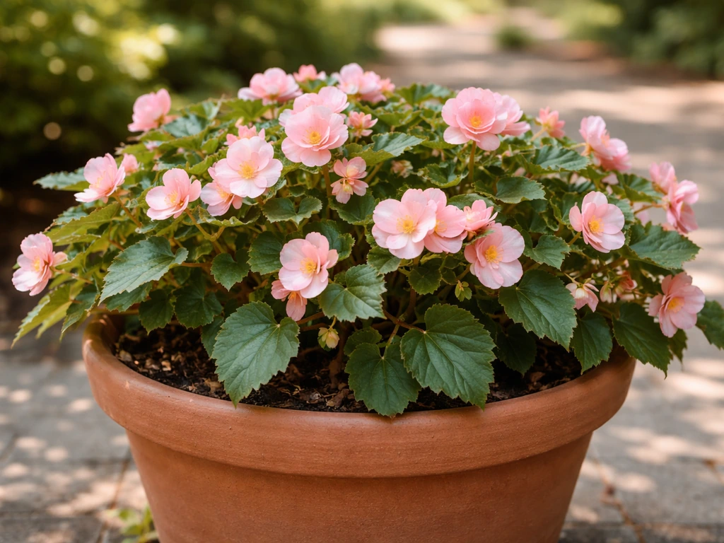 Thriving outdoor begonias in a partial-shade container, lush green foliage and healthy pink blooms.