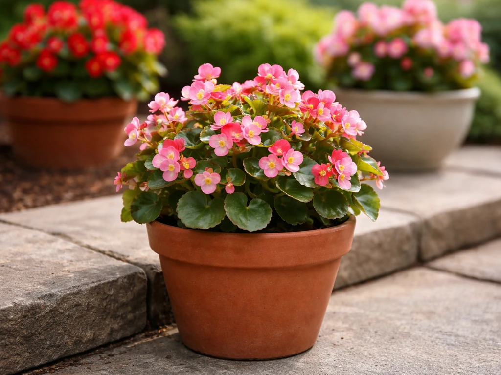 Red wax begonia in a small outdoor pot beside other begonias in a simple garden bed