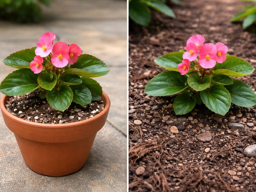 Split photo: wax begonia in a well-draining container vs the same in an improved-drainage garden bed.