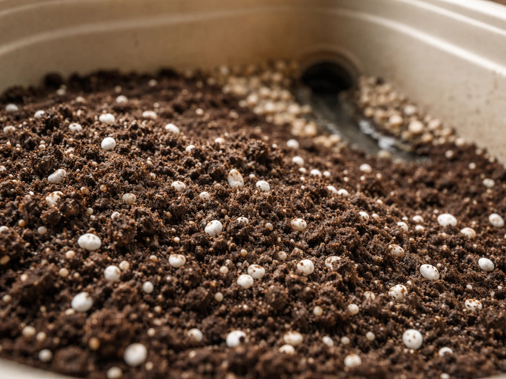 Close-up of begonia potting mix with perlite and compost, showing a container drain for proper drainage.