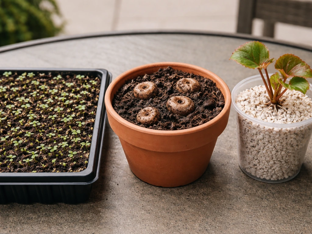 Three close-up scenes: tiny begonia seedlings in seed trays, begonia tubers hollow-side up, and a rooted cutting in perl