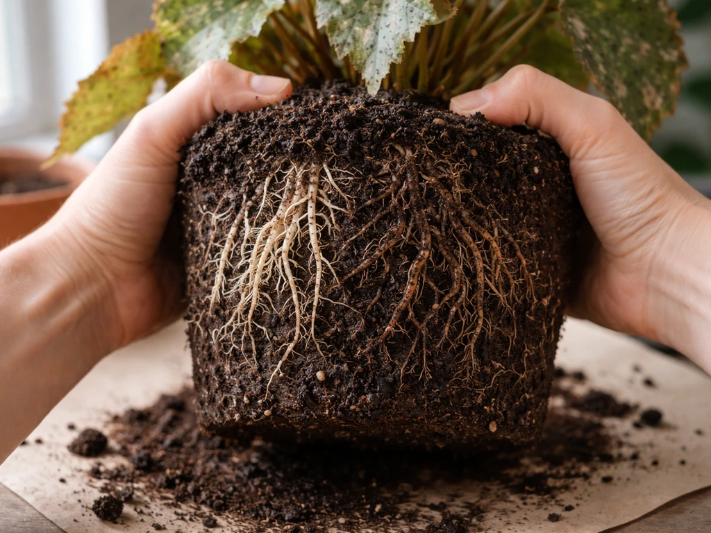 Unpotted begonia with healthy white roots beside brown rotting roots and faint gray mold on leaves.