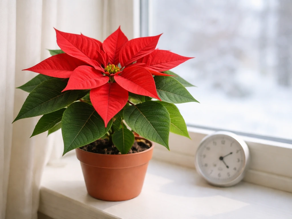Close-up poinsettia by a bright winter window with a small thermometer/hygrometer nearby.