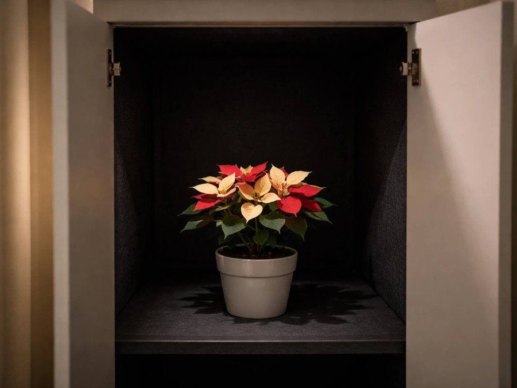 Poinsettia-like houseplant inside an open light-proof closet during dark photoperiod treatment at night.