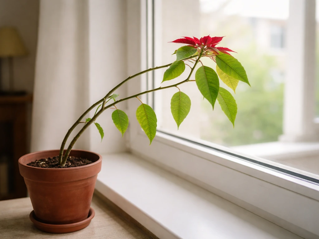 Leggy, stretched poinsettia in a pot on a sunny windowsill, leaning toward light.