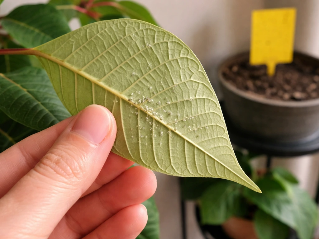 Hand gently checks poinsettia leaf underside for tiny whiteflies; sticky trap and soil hint in background.