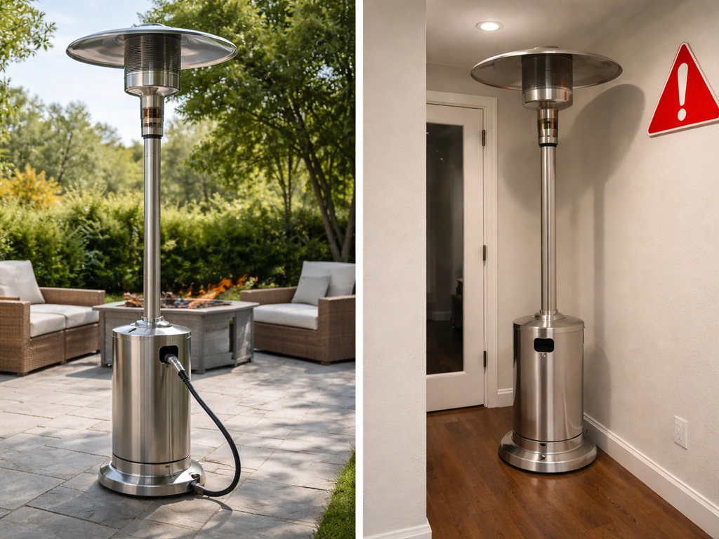 Outdoor patio heater with clear clearance and hose routing, contrasted with an indoor enclosed-space warning scene.