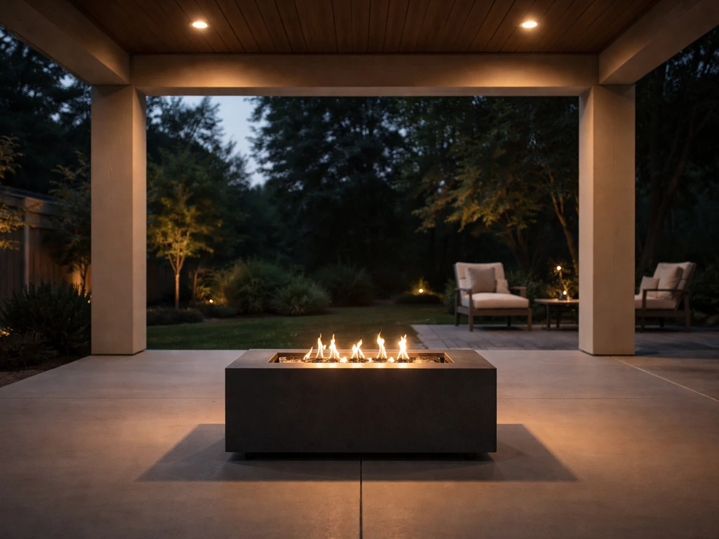 Covered patio at dusk with a properly spaced gas or electric fire pit beneath the ceiling for ventilation.