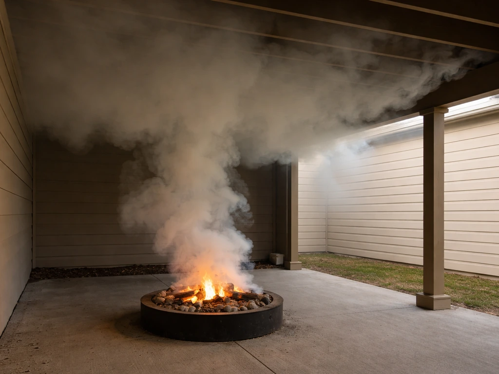 Smoke drifting under a covered patio ceiling around an outdoor fire pit, showing poor venting