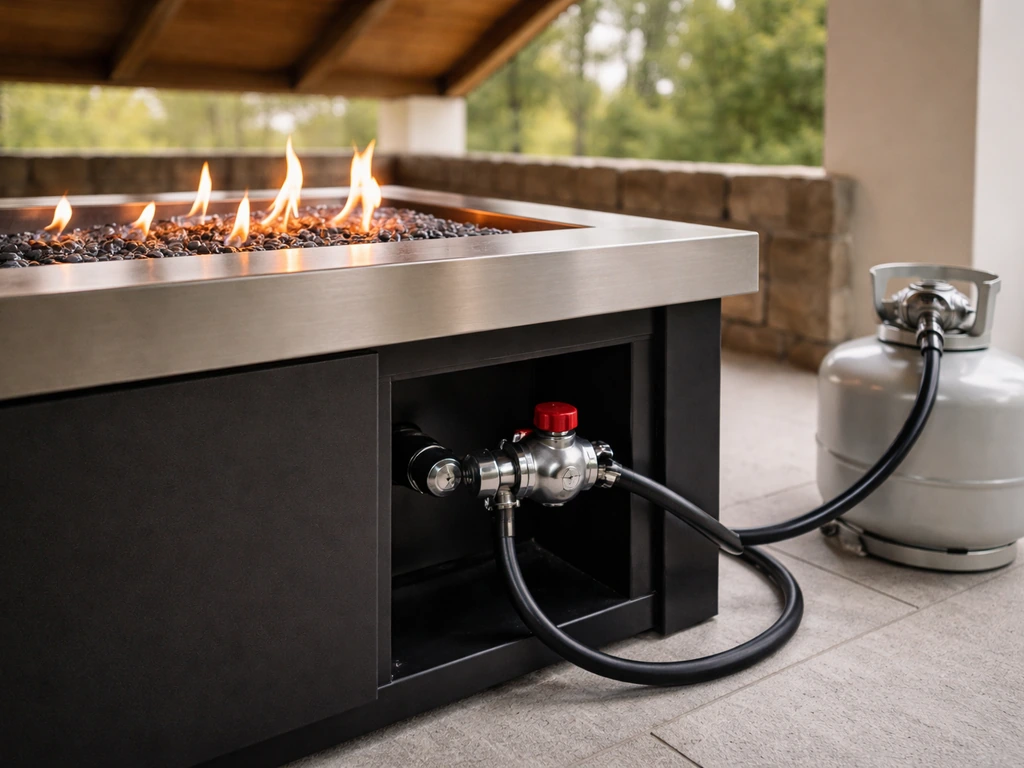 Close-up of an outdoor propane fire pit with regulator and hose connection, safely placed away from overhead beams.