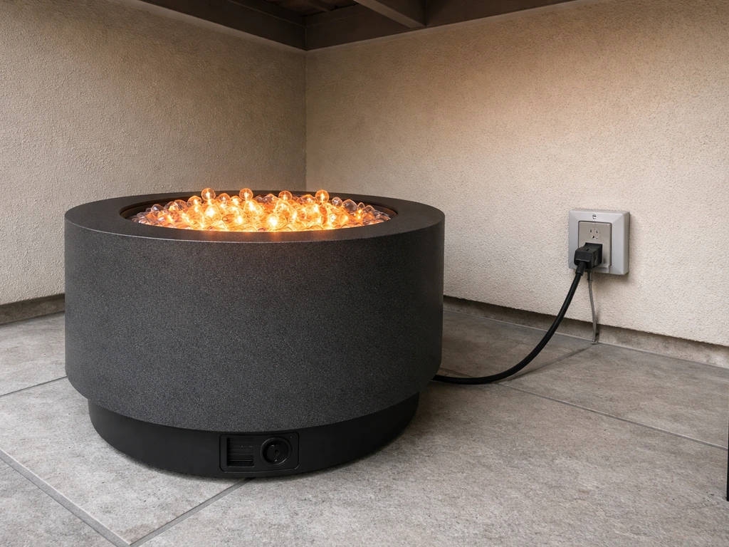 Electric fire pit glowing on a covered patio with a plug inserted into an outdoor GFCI outlet.