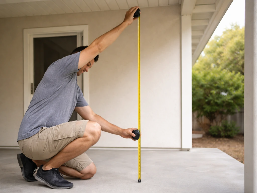 Person measuring patio overhead clearance with a tape measure from floor to underside of roof.