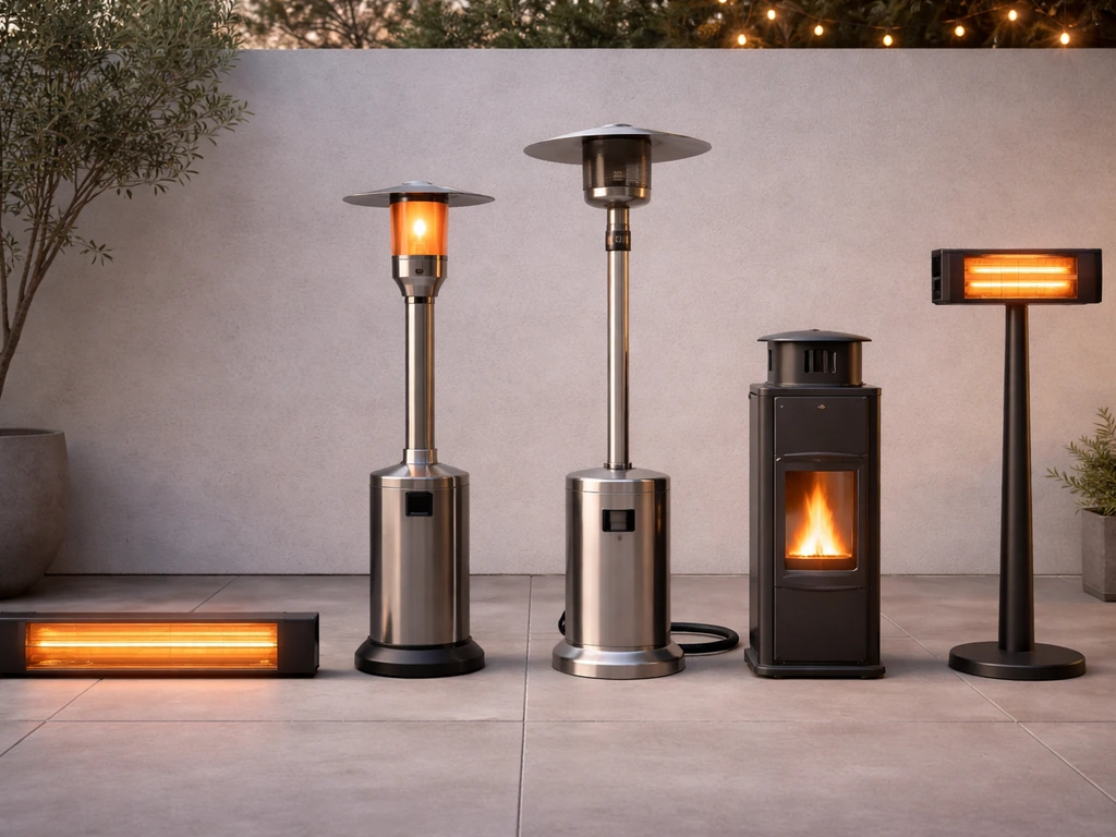 Five small-patio heater setups showing electric infrared, propane radiant, natural gas, and pellet styles side by side.