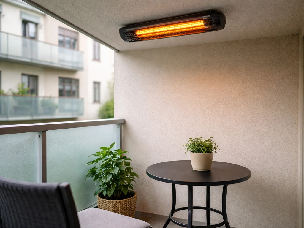 Compact electric infrared heater mounted under a balcony ceiling beside a patio table