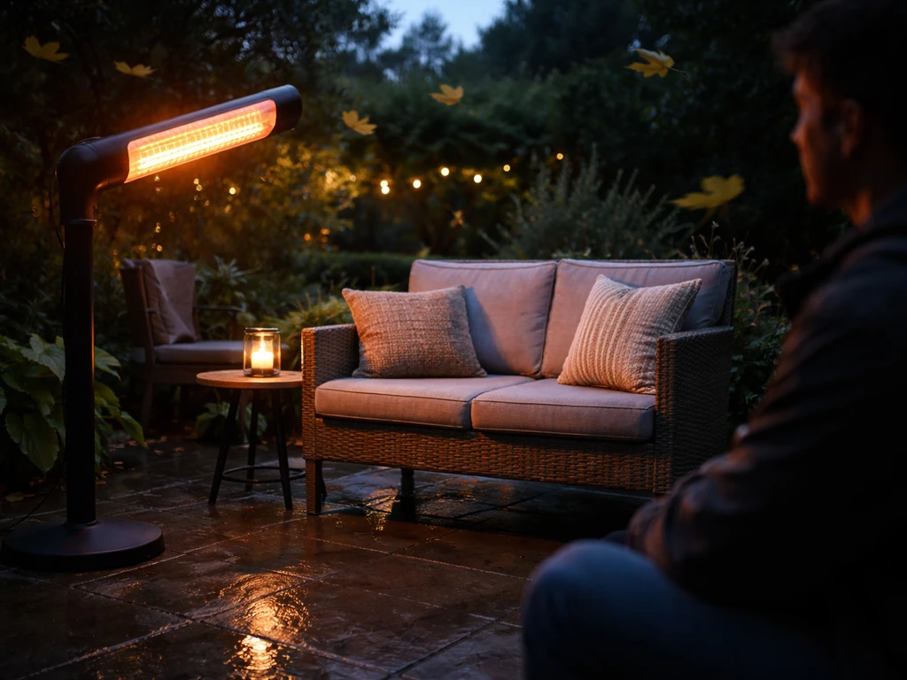 Infrared patio heater aimed at a small outdoor seating area on a windy day