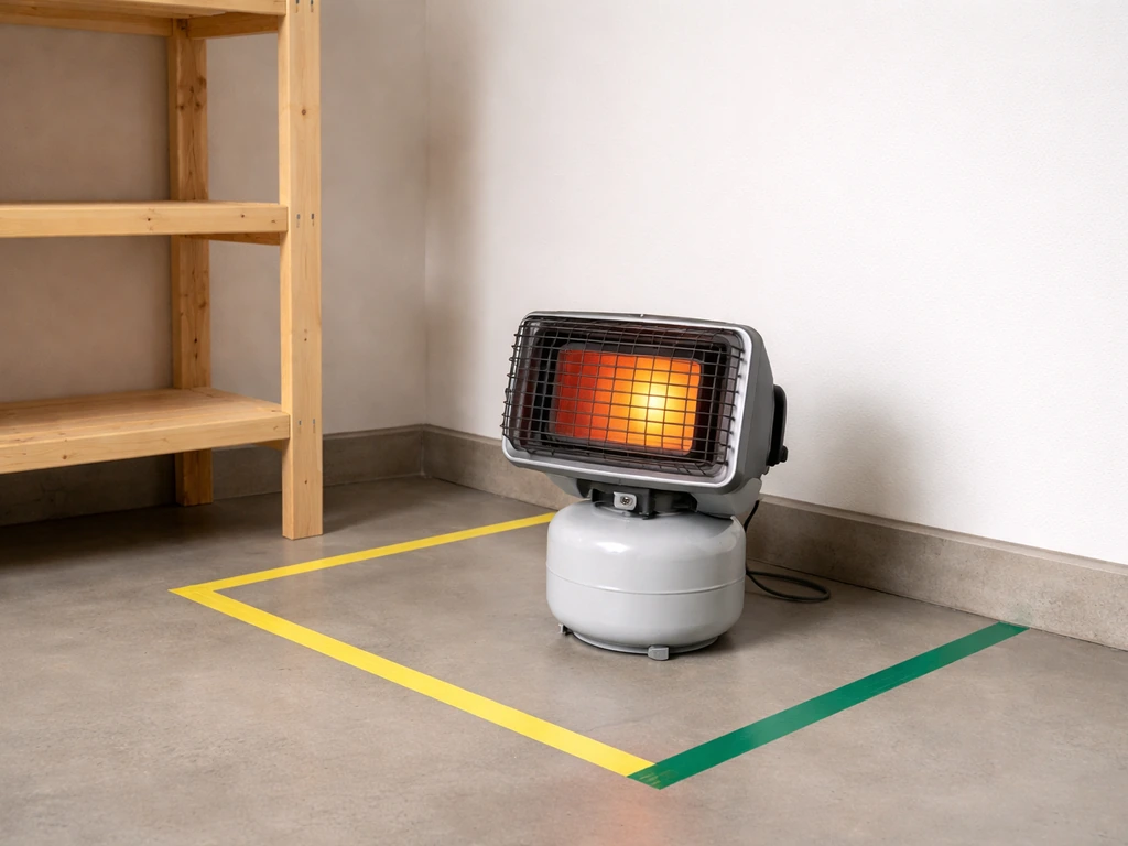 Propane heater installed on the floor with clear spacing from nearby combustibles in a simple room