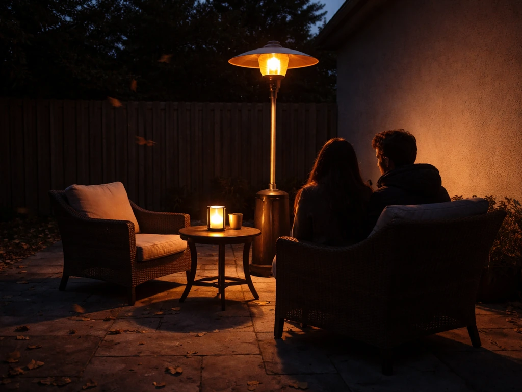 Outdoor patio at dusk with a patio heater warming a small seating area, people relaxing near the source