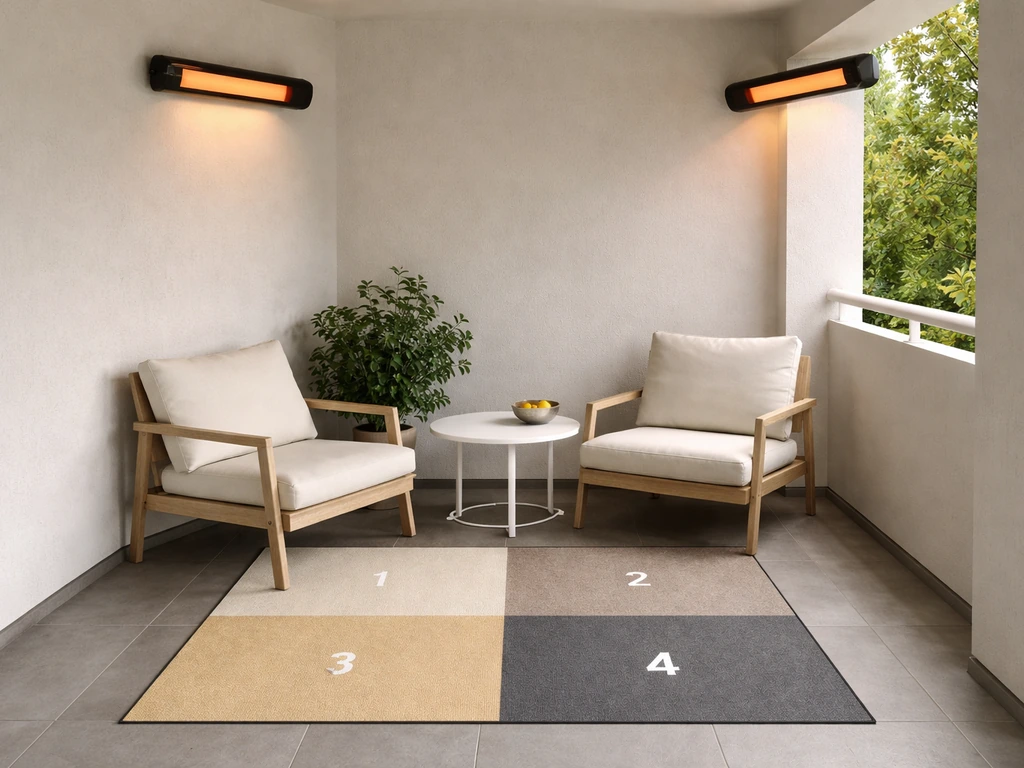 Minimal covered patio corner with two infrared heaters and a segmented floor mat showing size ranges.