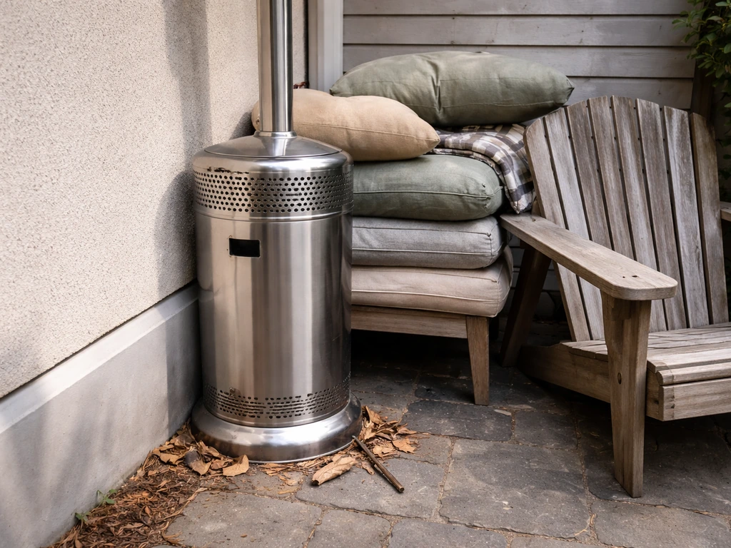 Over-the-shoulder view of a patio heater near clutter, with a safety clearance obstacle in the background.