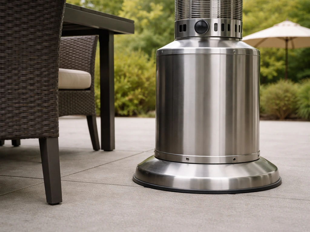 Close-up of a propane patio heater on a level patio, with clear space from nearby furniture.