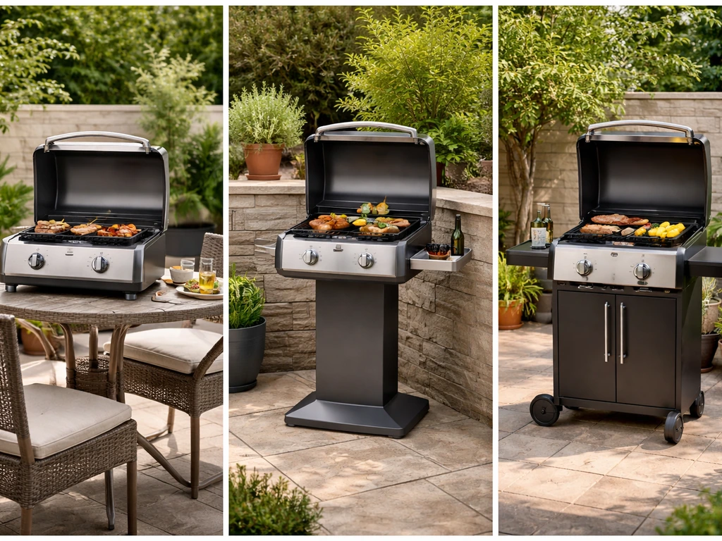 Grid montage showing a tabletop grill, pedestal grill, and compact two-burner cart grill on small patios.
