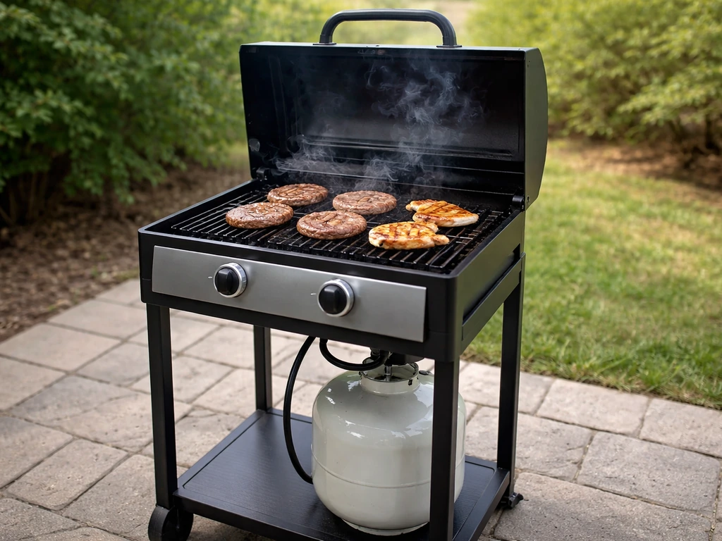 Compact gas grill cooking burgers and chicken on a small patio with a visible propane tank below.
