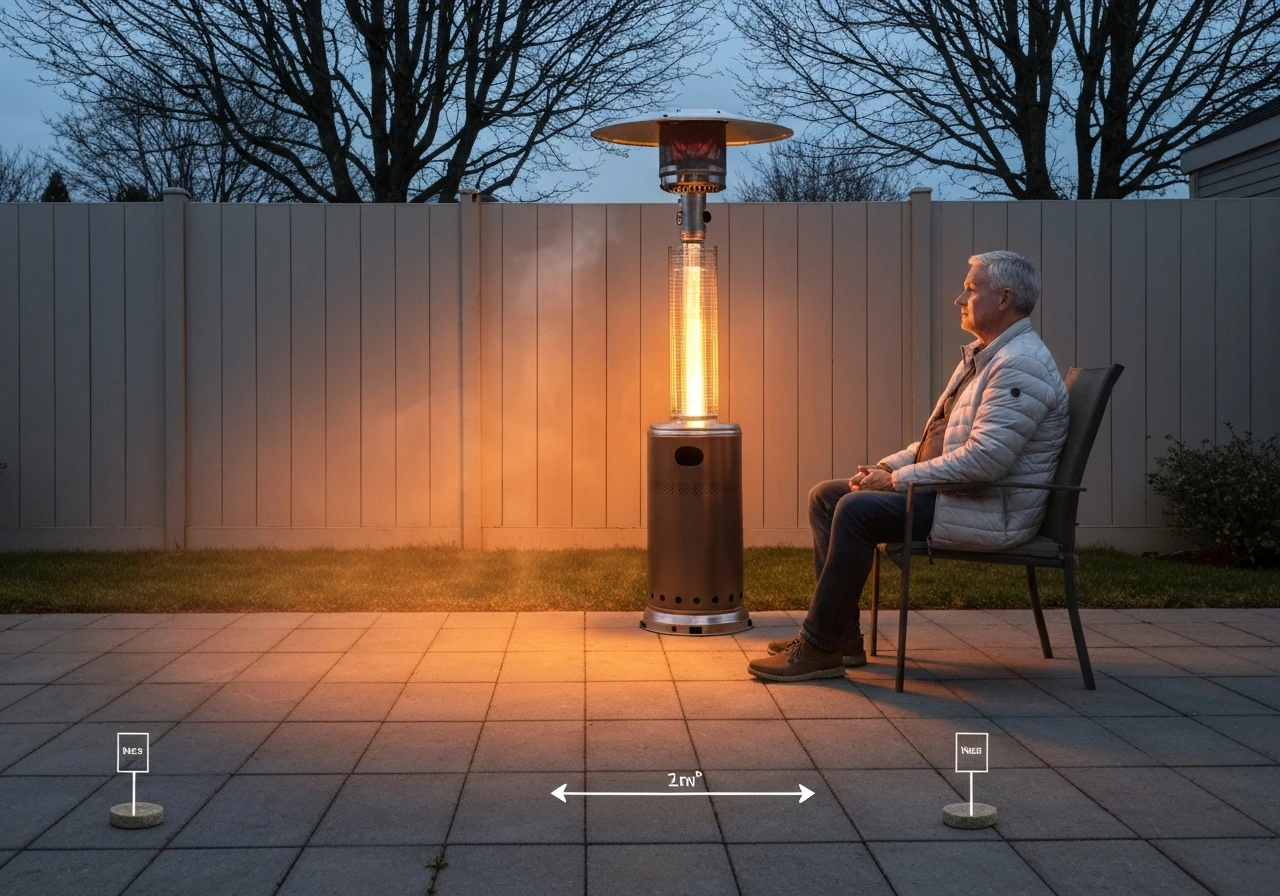 Anonymous person on a patio near a propane heater, heat shimmer showing warmth fading with distance.