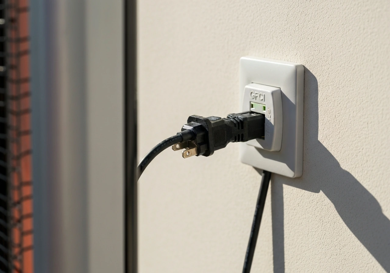 Close-up of an electric infrared heater plug connected to a GFCI outlet on a safe outdoor setup.