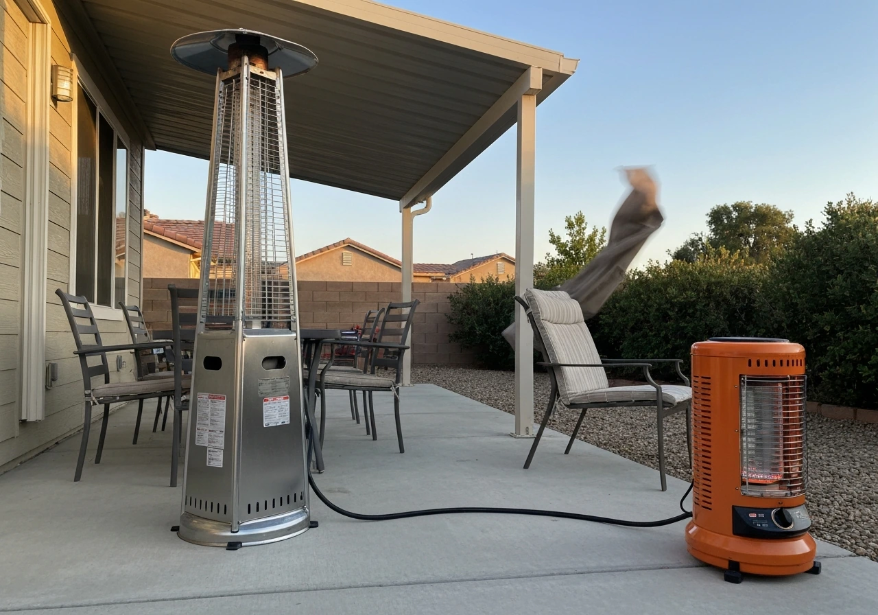 Outdoor patio with propane tower and portable heaters near a covered awning, light breeze, no people.