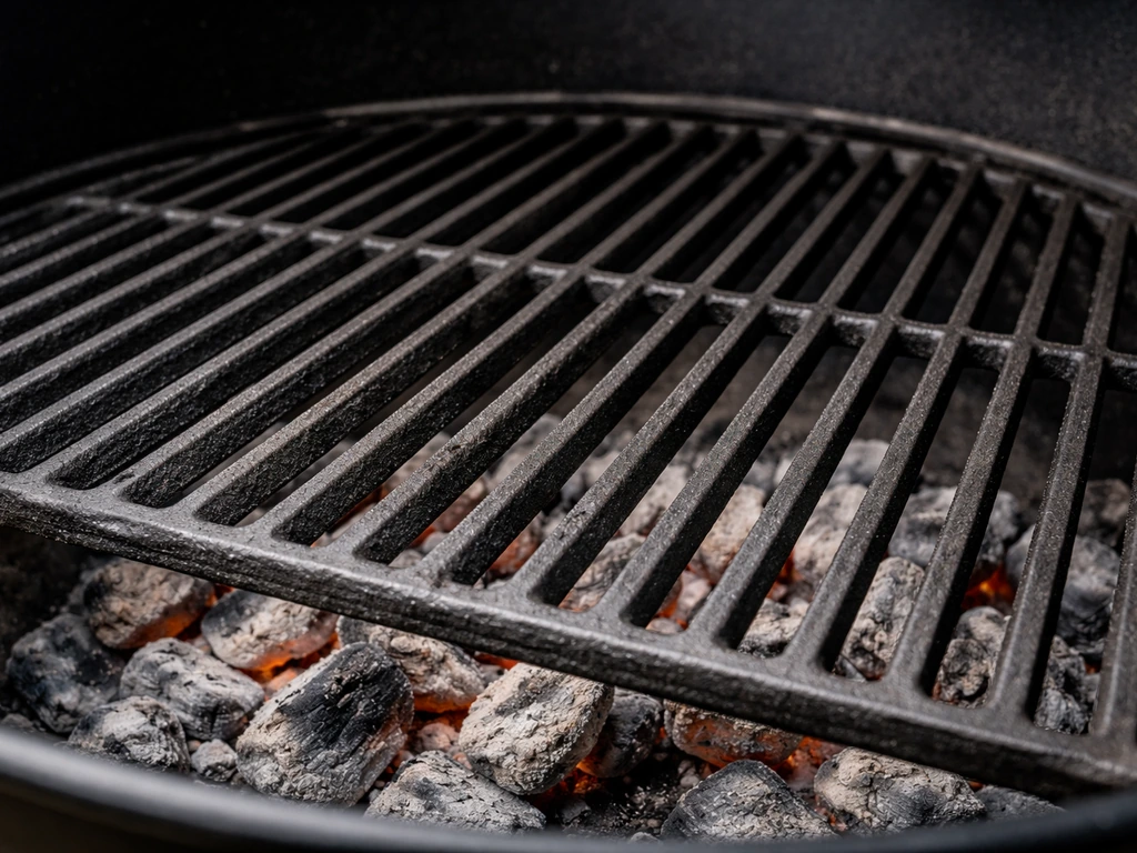 Close-up of a cast iron charcoal grill grate over glowing coals, showing sear-ready texture and ash.