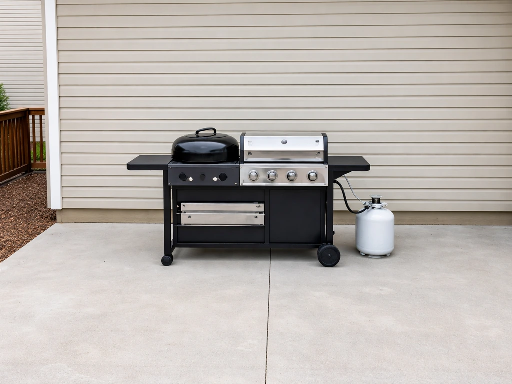 Outdoor grill setup showing clear space from the house and an upright propane tank in ventilated placement.