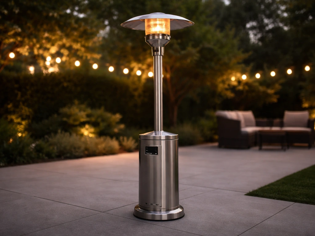 An Amazon Basics propane patio tower heater on an outdoor patio at dusk, warm evening ambiance.