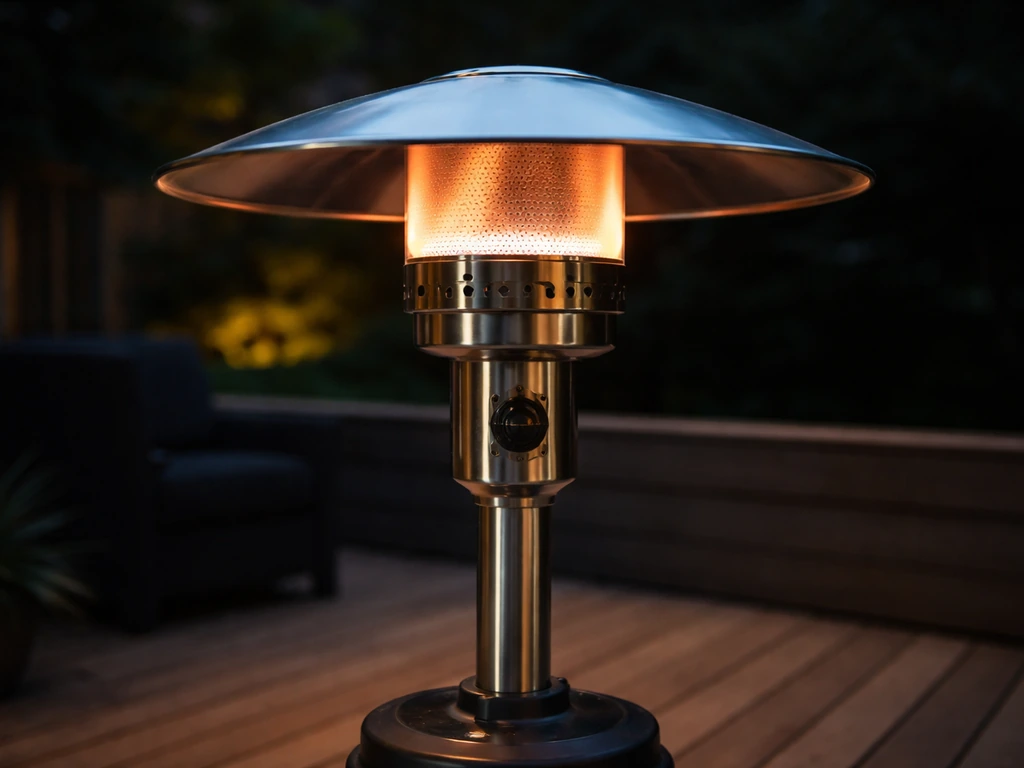 Outdoor propane patio heater with visible burner glow and domed heat shield, warm ambiance on a quiet deck.