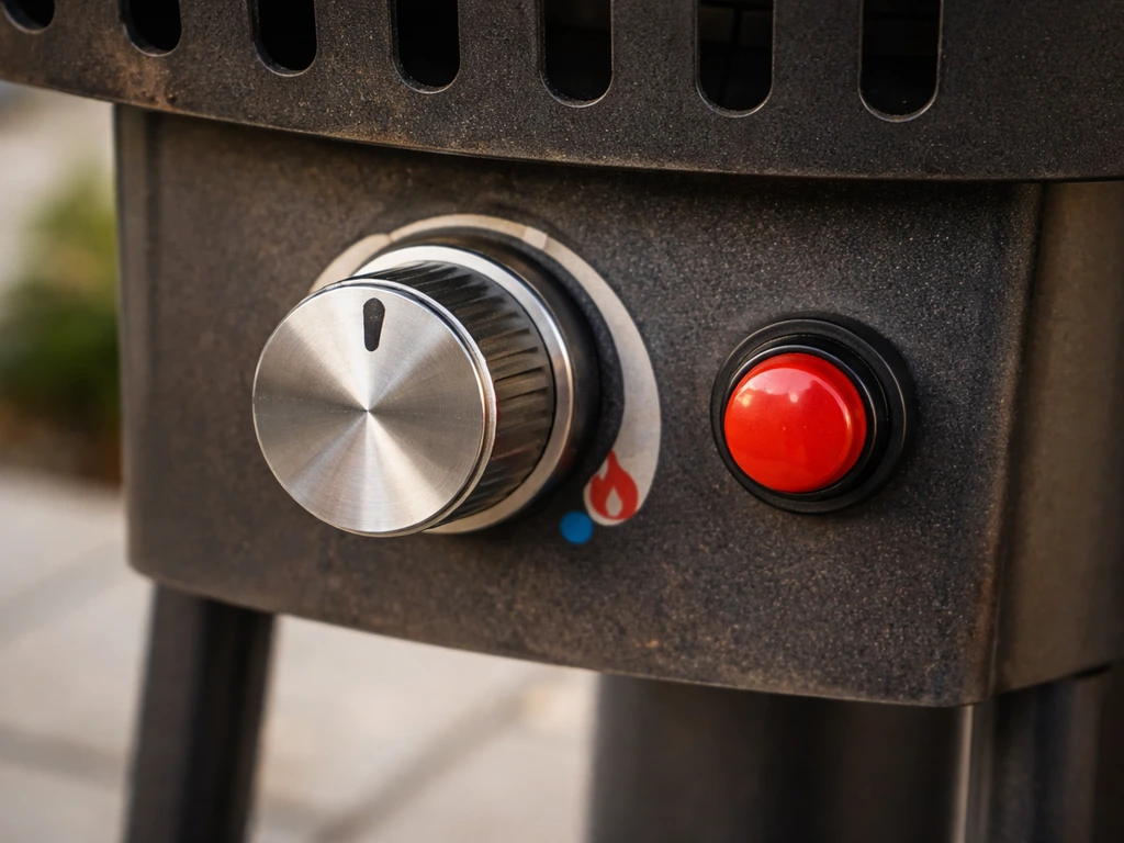 Close-up of an outdoor gas heater control knob and red piezo ignitor button near the ignition area.