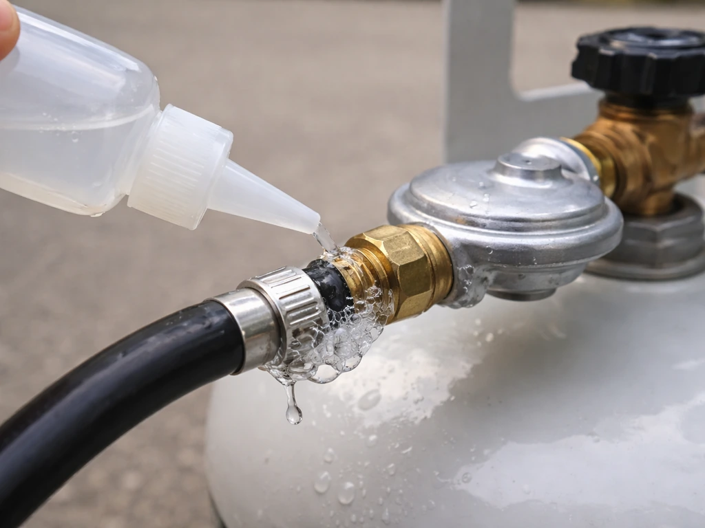 Soapy water applied to hose-to-regulator and regulator-to-tank joints, bubbles marking leak-check points.