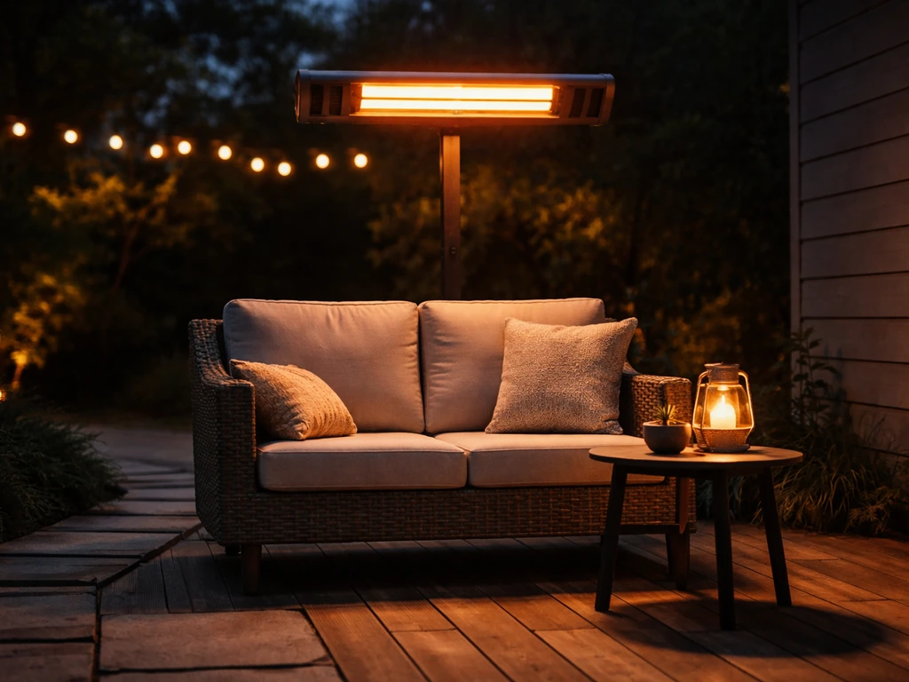 Warm electric/infrared patio heater glowing over a quiet outdoor seating area at dusk.