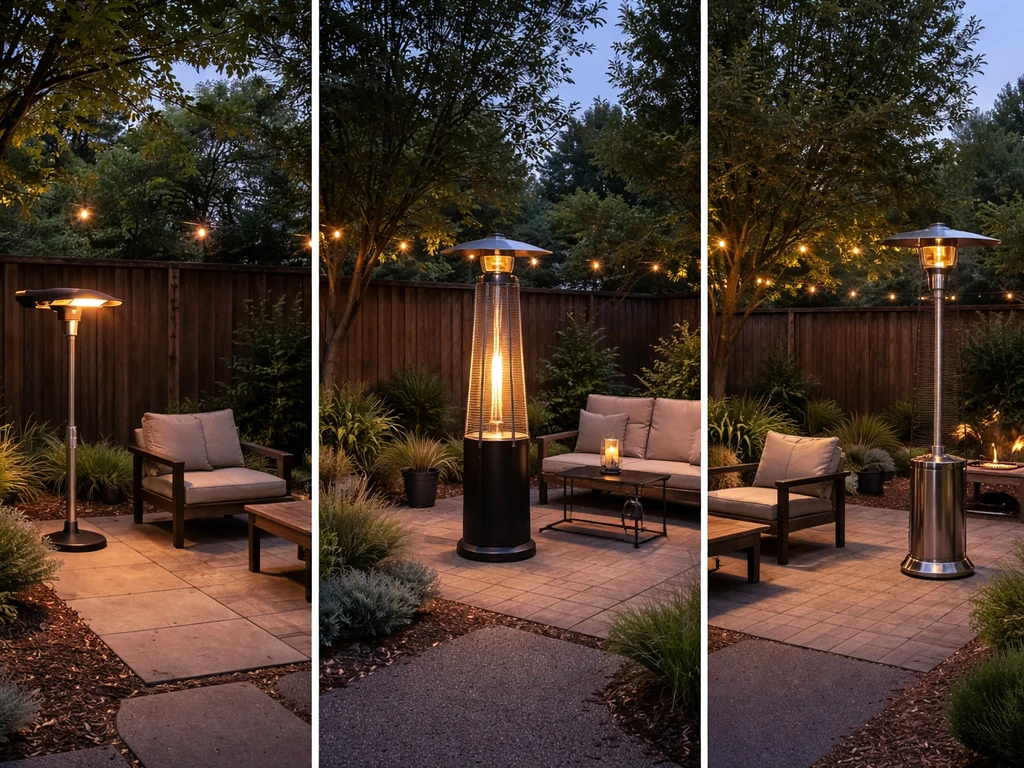 Three patio heater setups showing electric infrared, propane tower, and gas heater across small, medium, large patio are