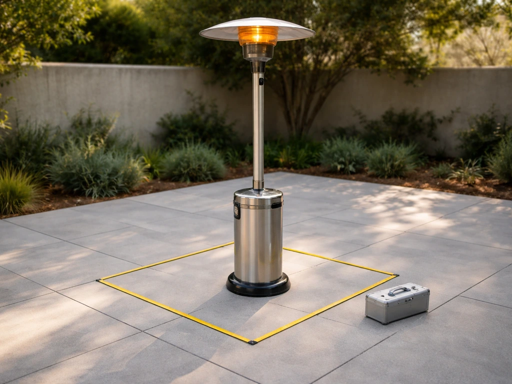 Minimal patio scene showing an anonymous outdoor heater and a measuring tape indicating coverage area.