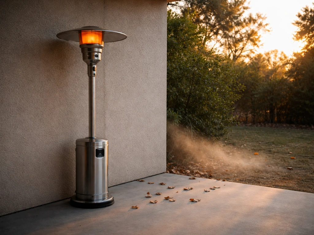 Outdoor infrared patio heater beside a wind-shielded placement with airflow direction implied by drifting leaves