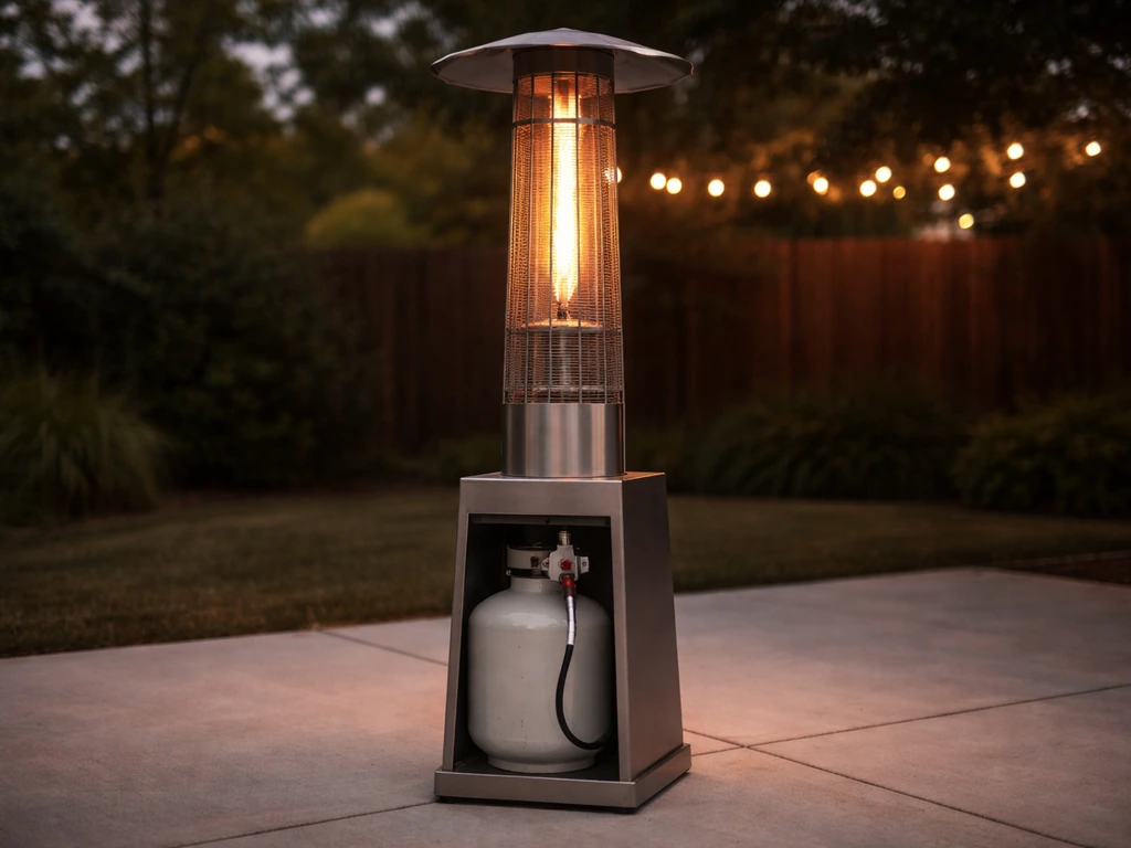 Propane patio heater outdoors with gas tank connected and burner tower centered for safe coverage.