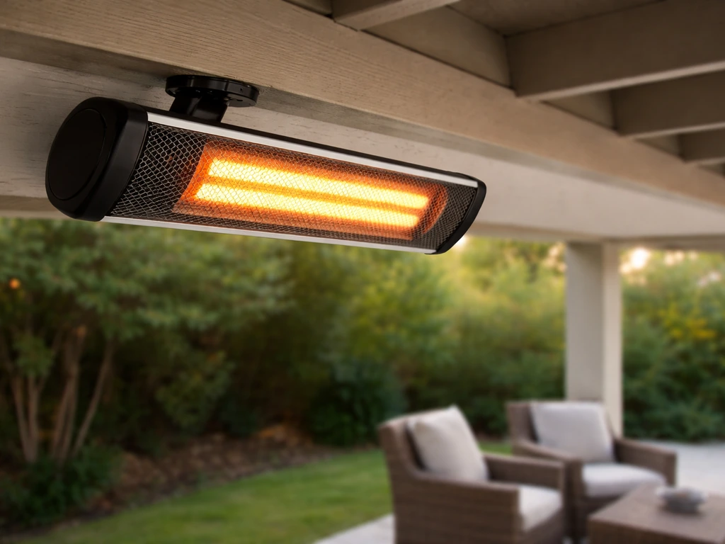 Installed electric infrared patio heater mounted overhead, aiming toward an outdoor seating area.