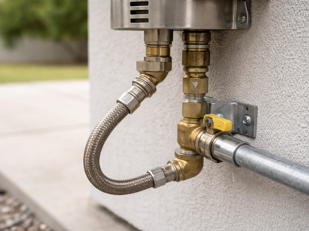 Outdoor-rated natural gas patio heater hookup showing dedicated gas line connection and shutoff valve