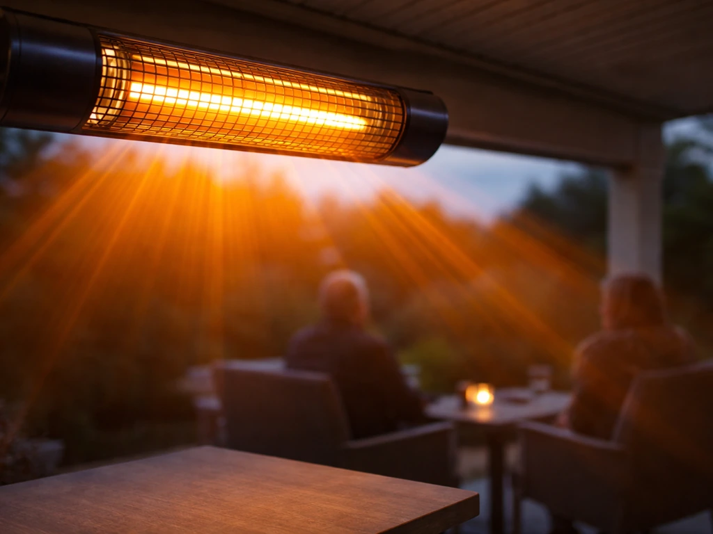 Infrared patio heater glowing outdoors, with visible warm radiant effect toward nearby patio seating silhouettes.