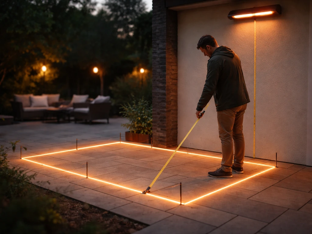 Person measuring a patio heat zone with a tape measure beside an outdoor heater post at night