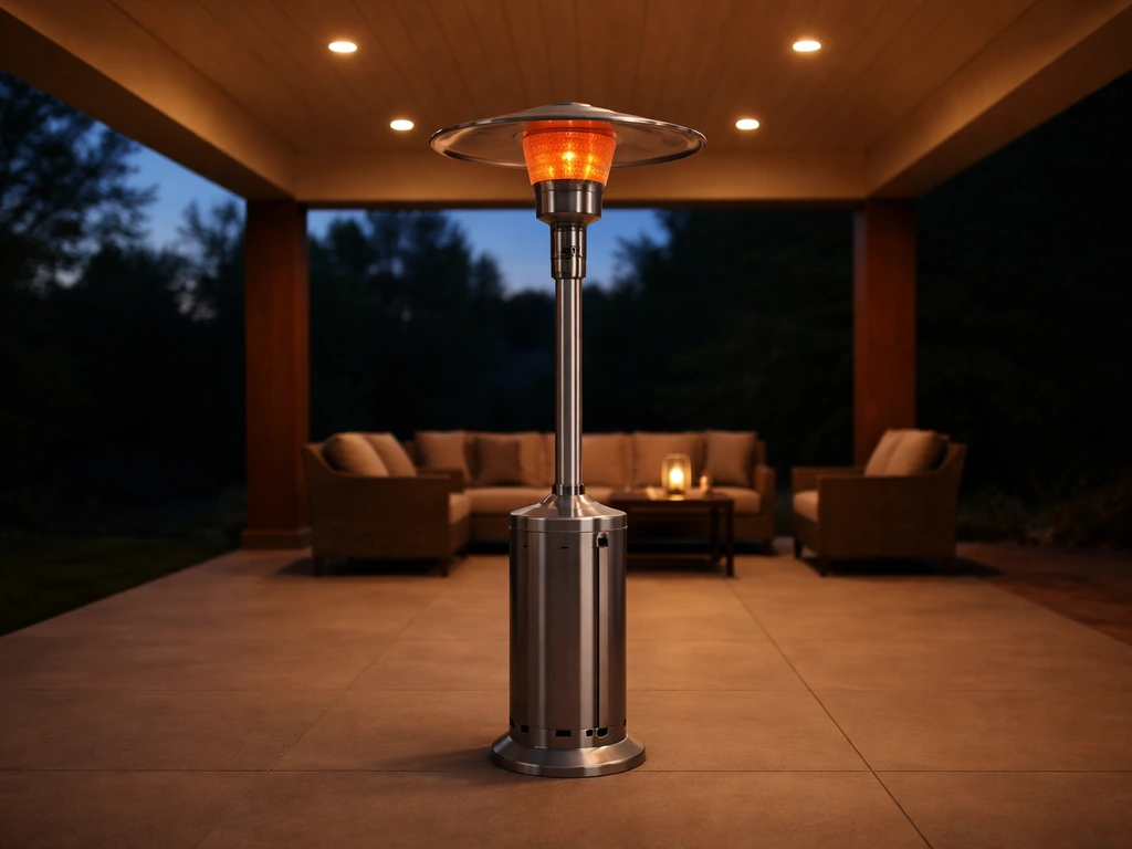 Covered patio with a properly installed patio heater under an overhang, warm light and protected setting