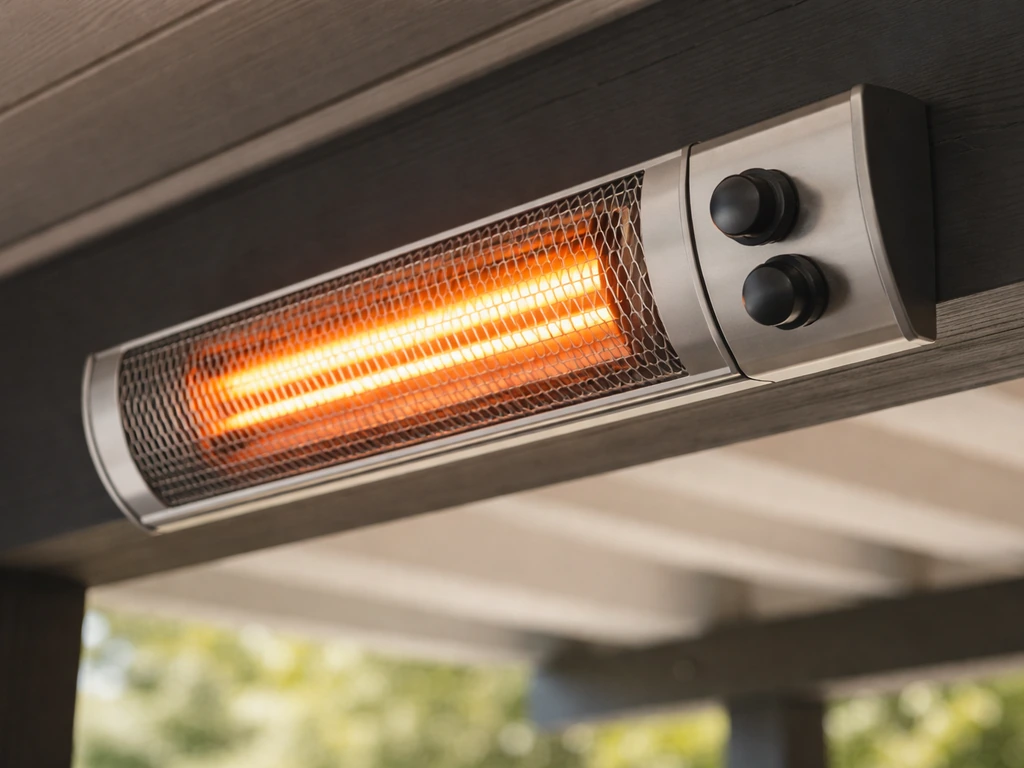 Close-up of an electric infrared patio heater with radiant element and control knobs in soft daylight.