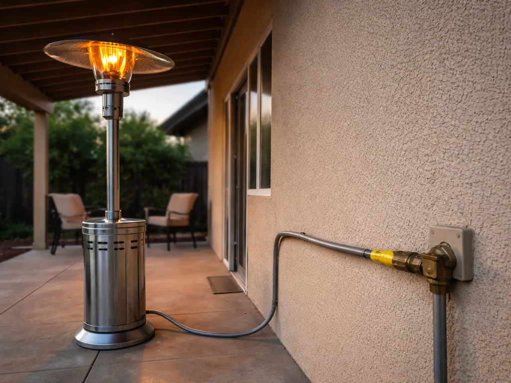 Covered patio with a natural-gas heater and visible gas line connection near the wall.