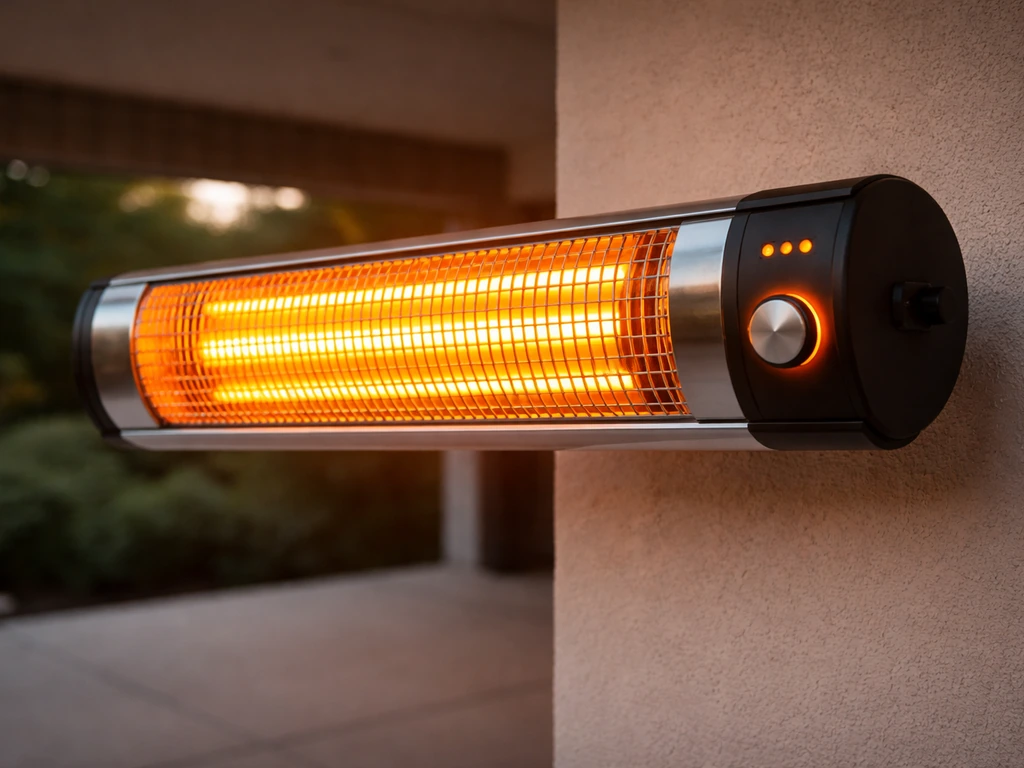 Electric infrared patio heater (Dr. Infrared DR-238) with front grille and control knob visible outdoors.