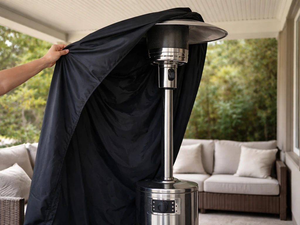 Patio heater cover being pulled over a patio heater, partially deployed to show proper fit and timing.